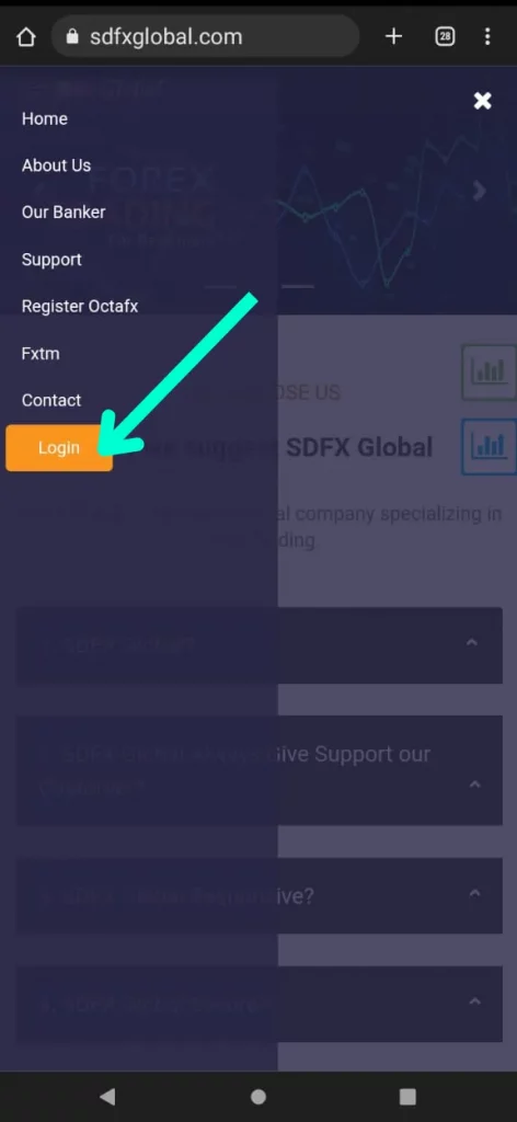 SDFX Global Login Menu